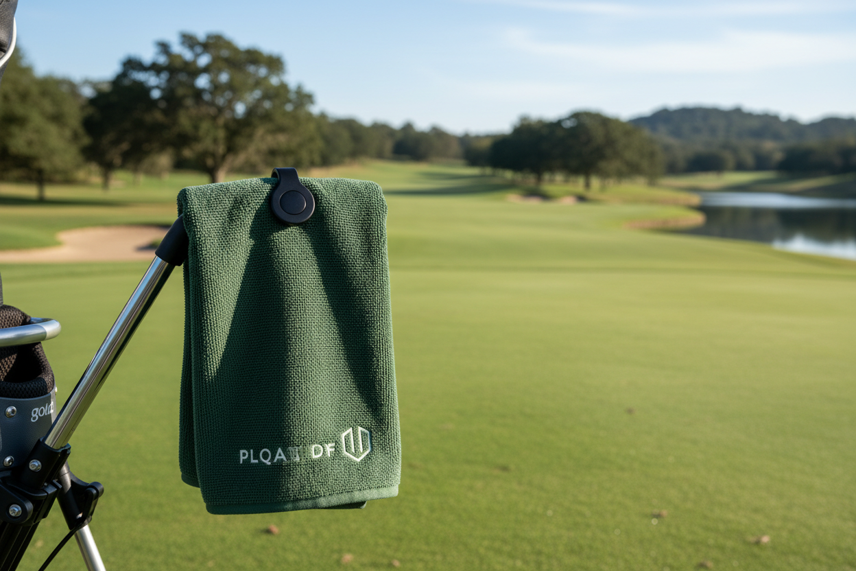 Magnetic Tour Towel clipped to golf bag on course