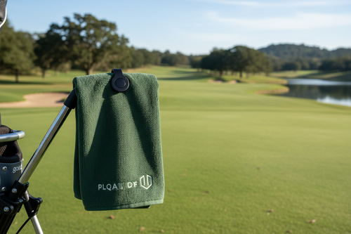 Magnetic Tour Towel clipped to golf bag on course