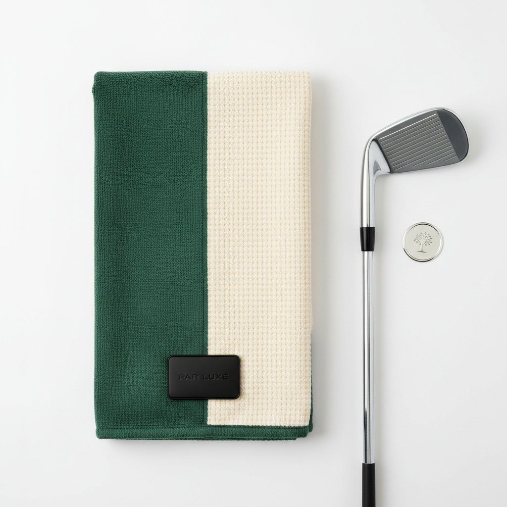 Magnetic Tour Towel flat lay with golf club and ball marker