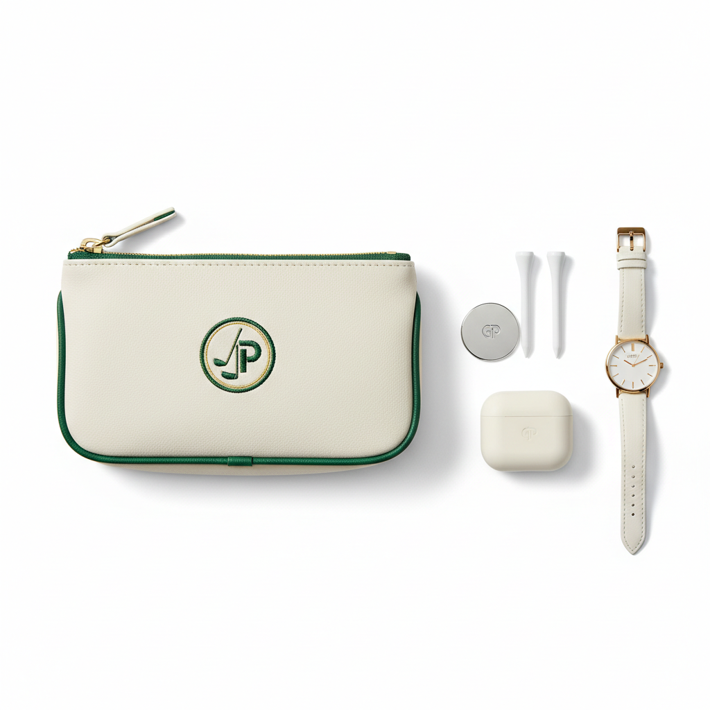 Players Pouch flat lay with golf accessories